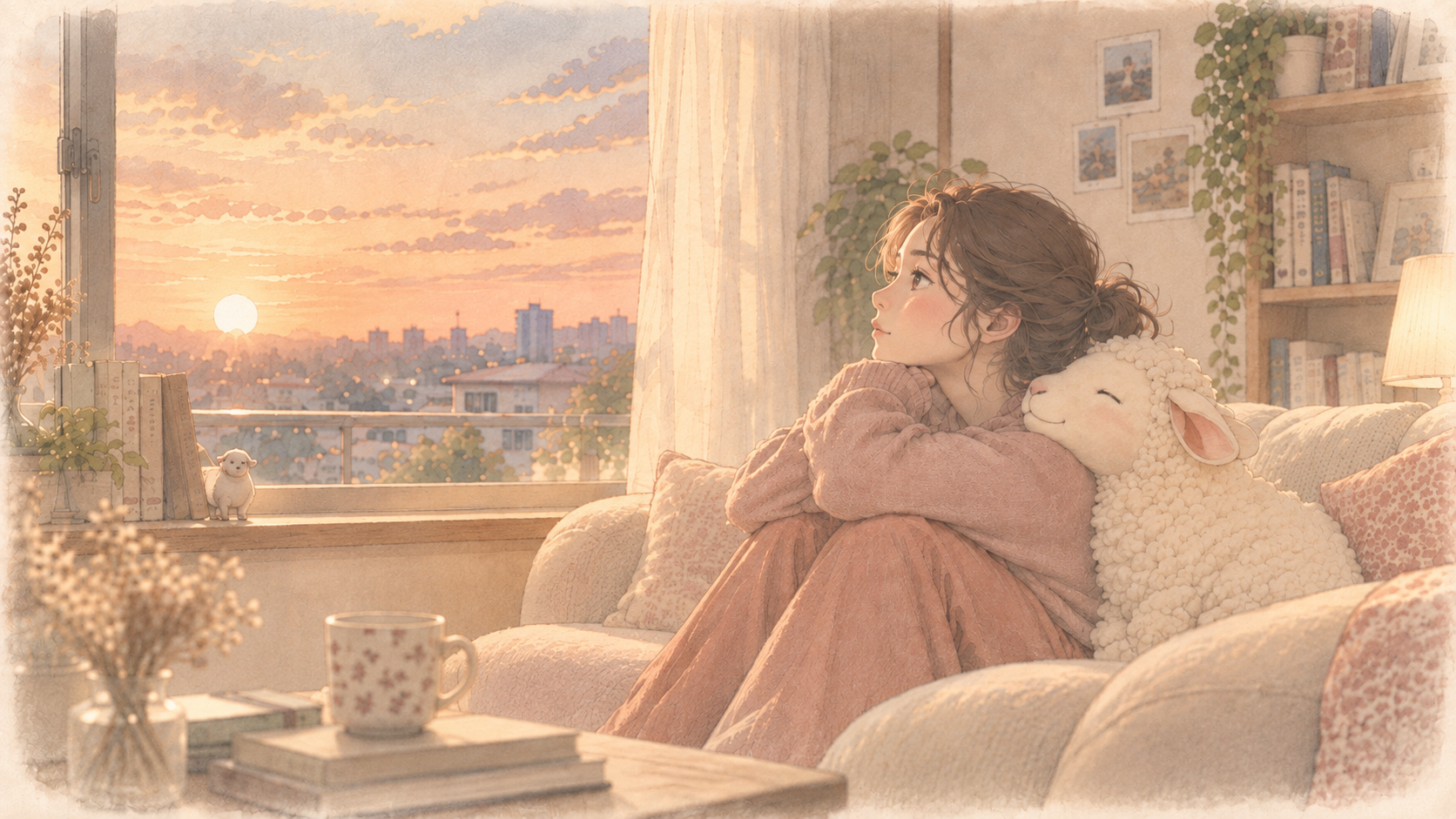 夕暮れの室内で人物と羊が寄り添う情景