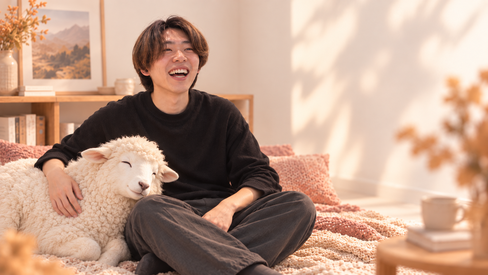羊と寄り添って笑うFirst Sheep代表の山口裕之