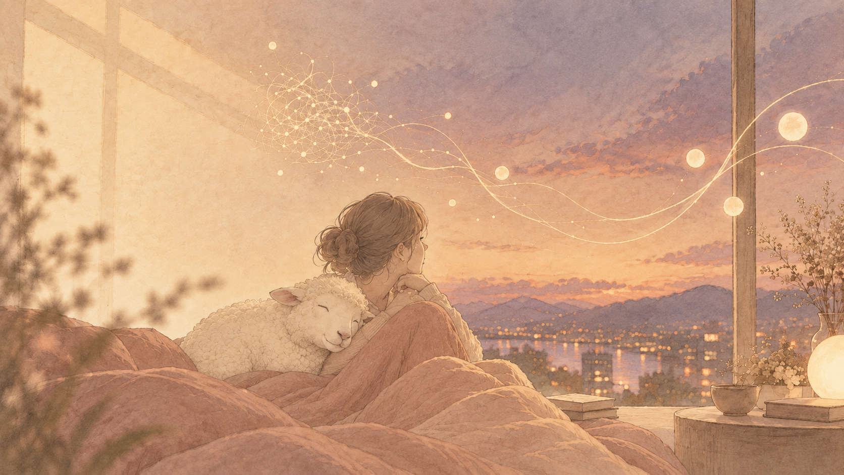 窓辺で羊と寄り添いながら夜景を見つめる人物