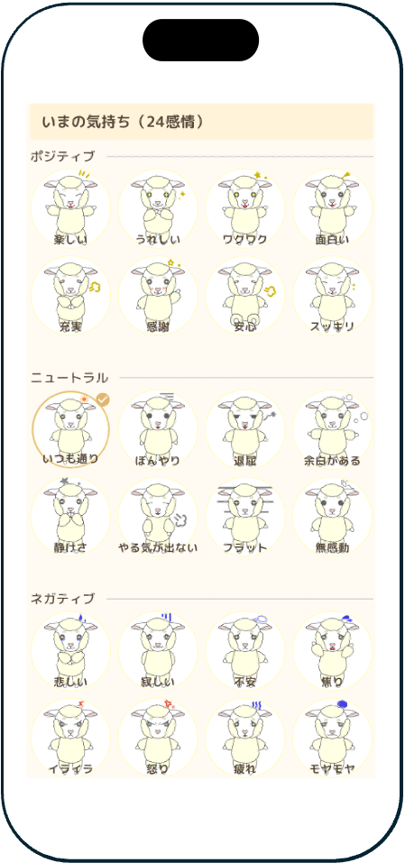 感情を選びながら記録するFirst Sheepのきろく画面