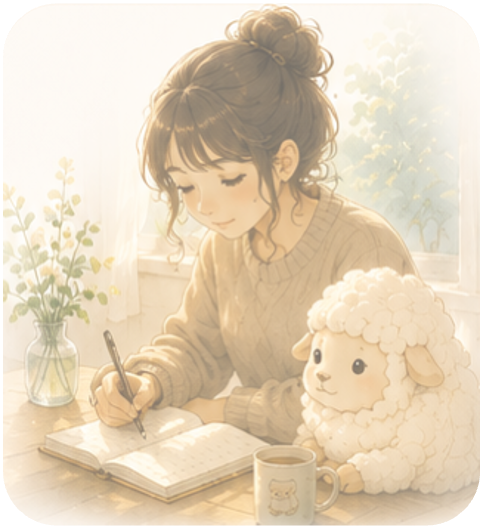 机で気持ちを書き留める人物と羊